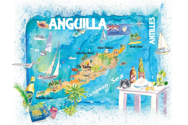 Anguilla Antilles Illustrated Caribbean Travel Map