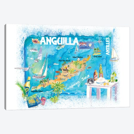 Anguilla Antilles Illustrated Caribbean Travel Map Canvas Print #MMB434} by Markus & Martina Bleichner Canvas Art Print