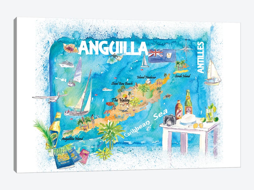 Anguilla Antilles Illustrated Caribbean Travel Map by Markus & Martina Bleichner 1-piece Art Print