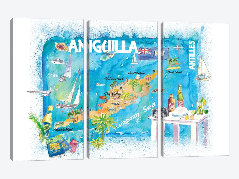 Anguilla Antilles Illustrated Caribbean Travel Map by Markus & Martina Bleichner 3-piece Art Print