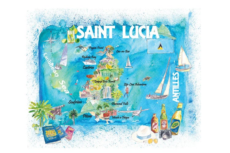 St Lucia Antilles Illustrated Caribbean Travel Map