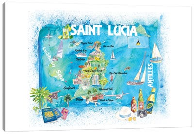 St Lucia Antilles Illustrated Caribbean Travel Map Canvas Art Print - Country Maps