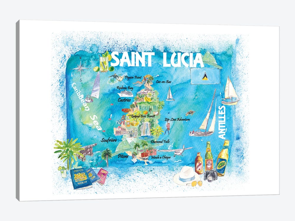 St Lucia Antilles Illustrated Caribbean Travel Map by Markus & Martina Bleichner 1-piece Canvas Art