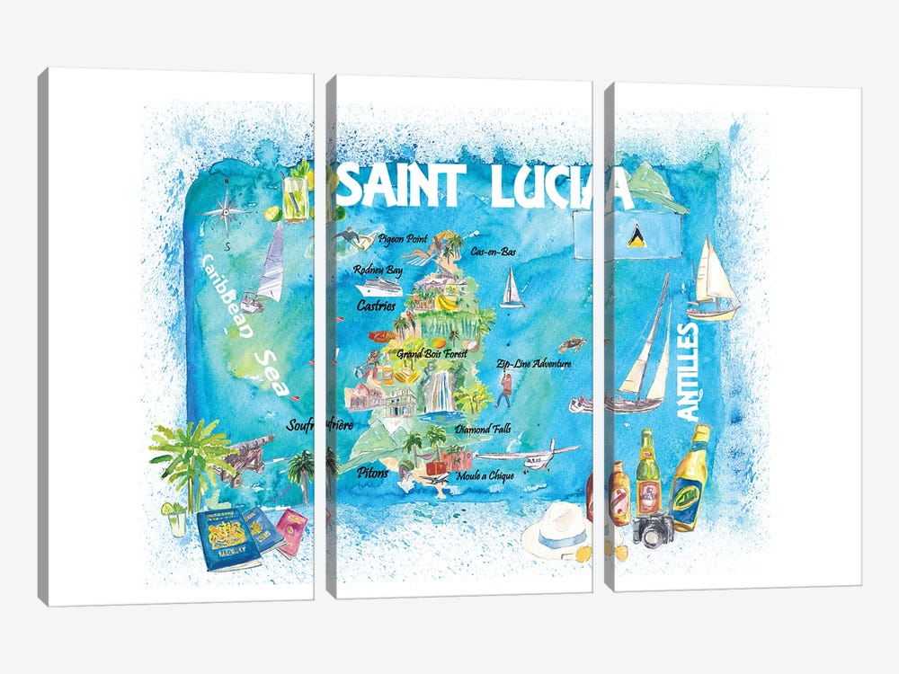 St Lucia Antilles Illustrated Caribbean Travel Map by Markus & Martina Bleichner 3-piece Canvas Artwork