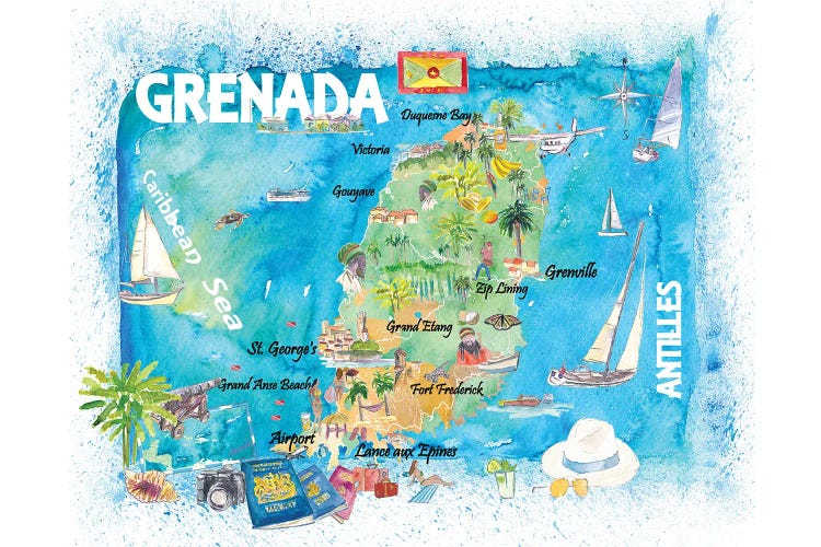 Grenada Antilles Illustrated Caribbean Travel Map