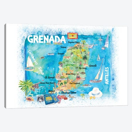 Grenada Antilles Illustrated Caribbean Travel Map Canvas Print #MMB436} by Markus & Martina Bleichner Art Print