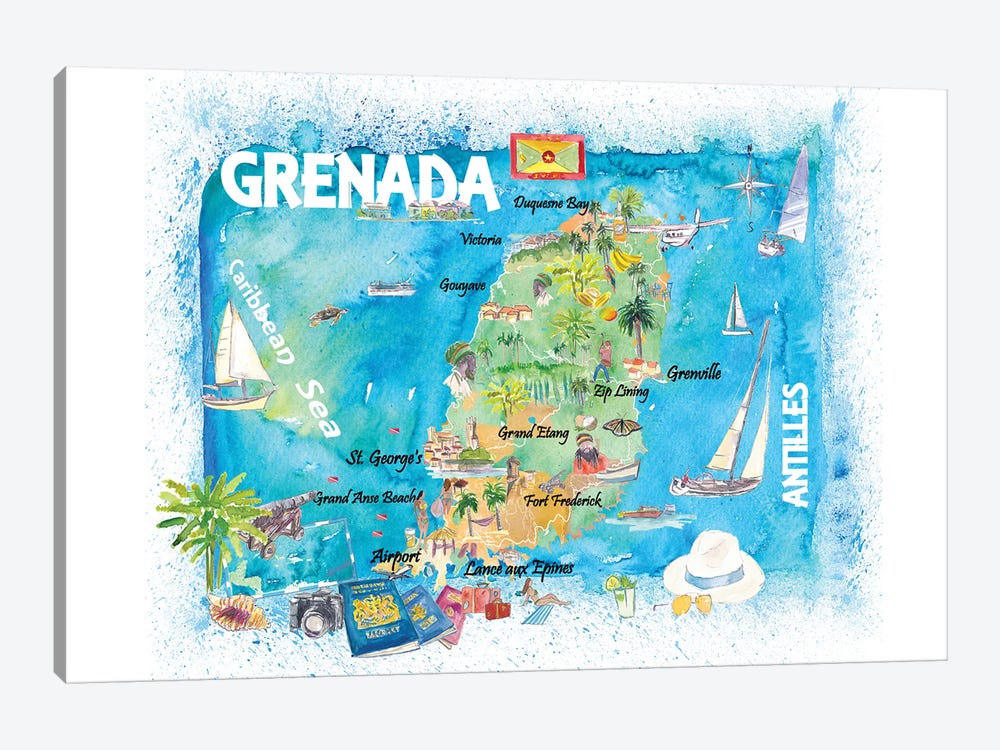 Grenada Antilles Illustrated Caribbean Travel Map by Markus & Martina Bleichner 1-piece Canvas Art Print