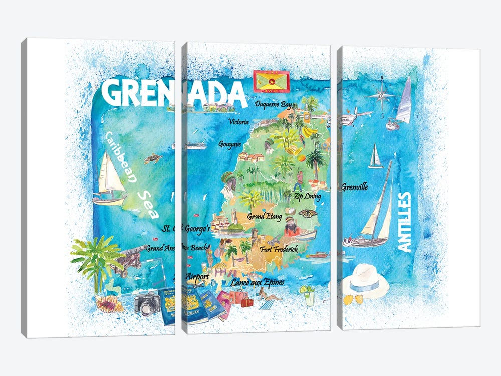 Grenada Antilles Illustrated Caribbean Travel Map by Markus & Martina Bleichner 3-piece Canvas Print