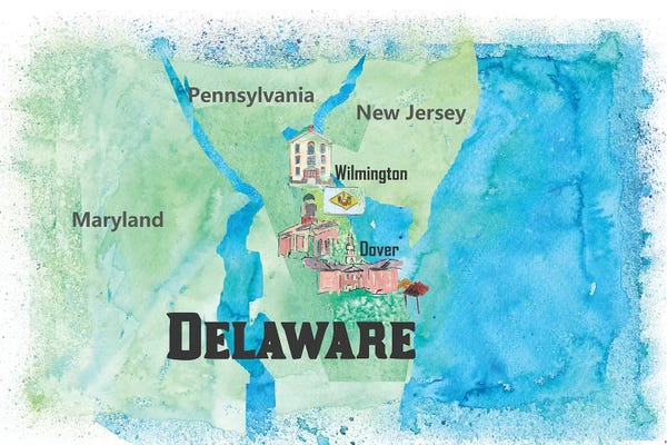 Kids Map Art: USA, Delaware Travel Poster by Markus & Martina Bleichner