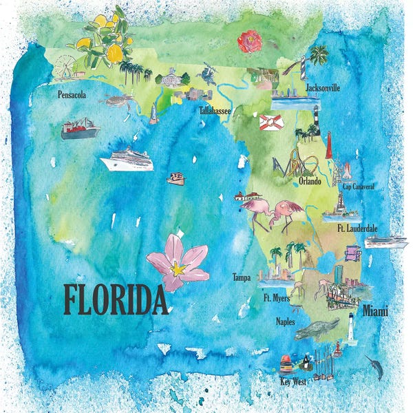Large Map Art - Canvas Prints: USA, Florida Travel Poster by Markus & Martina Bleichner