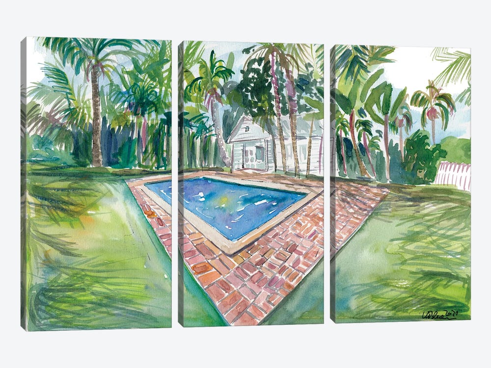Blue Backyard Pool With Conch House In Key West Fl 3-piece Canvas Art