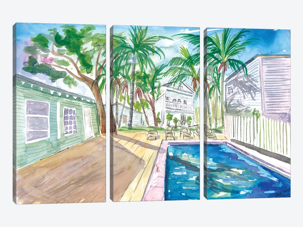 White Fences In Key West With Conch Pool In The Sun 3-piece Canvas Wall Art
