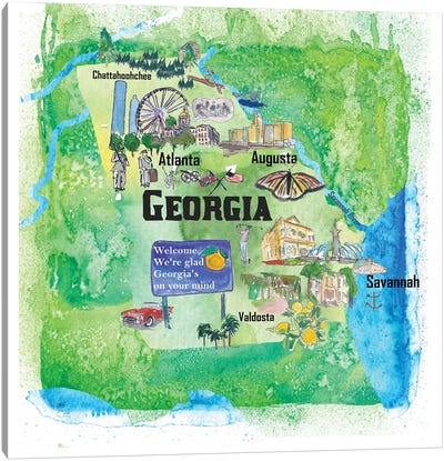 USA, Georgia Illustrated Travel Poster Canvas Art Print - State Maps