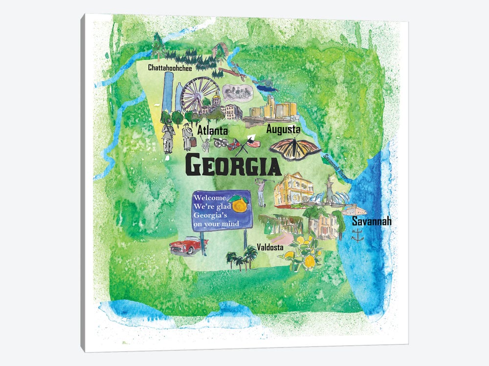 USA, Georgia Illustrated Travel Poster by Markus & Martina Bleichner 1-piece Canvas Artwork