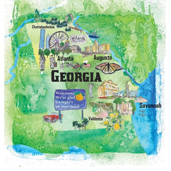 Kids Map Art: USA, Georgia Illustrated Travel Poster by Markus & Martina Bleichner