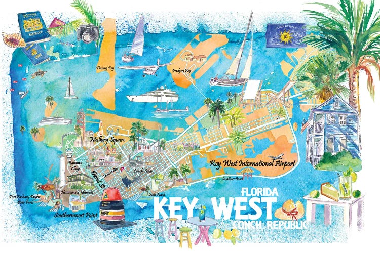 Key West Florida Illustrated Travel Map With Roads And Highlights