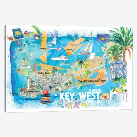 Key West Florida Illustrated Travel Map With Roads And Highlights Canvas Print #MMB464} by Markus & Martina Bleichner Canvas Wall Art