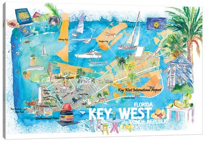 Key West Florida Illustrated Travel Map With Roads And Highlights Canvas Art Print - Markus & Martina Bleichner