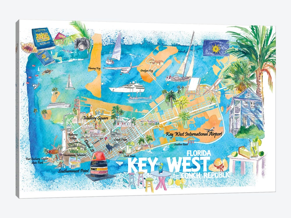 Key West Florida Illustrated Travel Map With Roads And Highlights by Markus & Martina Bleichner 1-piece Canvas Artwork