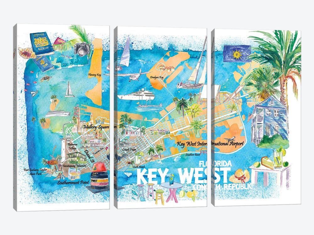 Key West Florida Illustrated Travel Map With Roads And Highlights by Markus & Martina Bleichner 3-piece Canvas Artwork