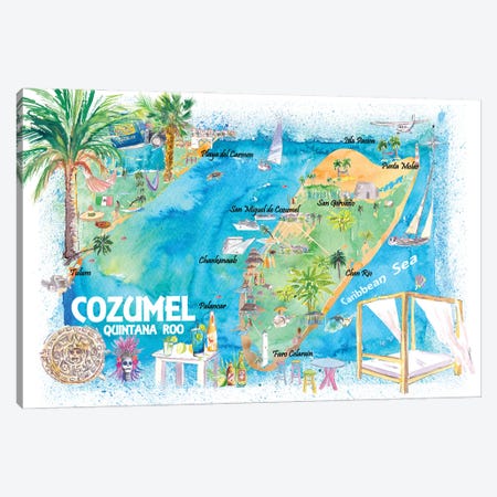 Cozumel Quintana Roo Mexico Illustrated Travel Map With Roads And Highlights Canvas Print #MMB465} by Markus & Martina Bleichner Canvas Artwork