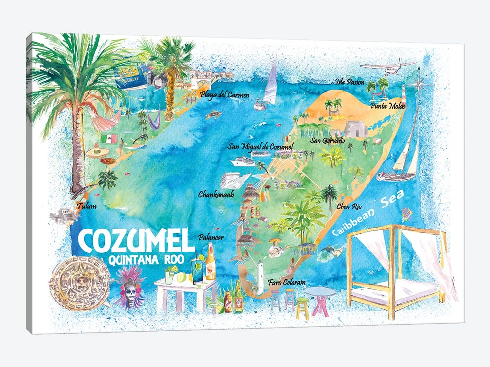 Cozumel Quintana Roo Mexico Illustrated Travel Map With Roads And Highlights by Markus & Martina Bleichner 1-piece Art Print