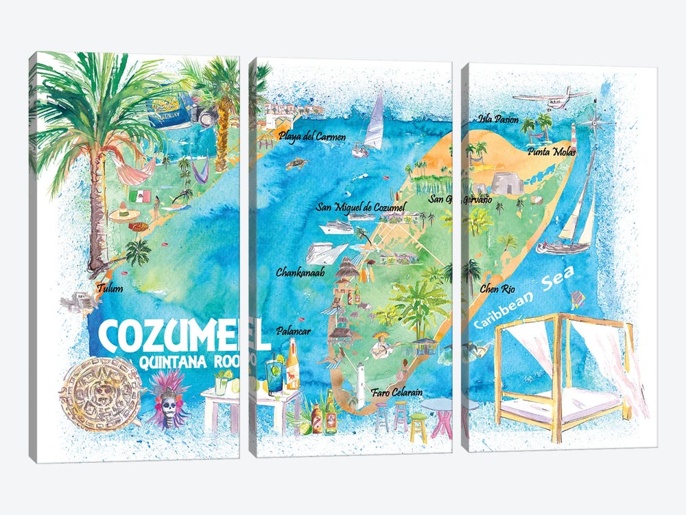 Cozumel Quintana Roo Mexico Illustrated Travel Map With Roads And Highlights by Markus & Martina Bleichner 3-piece Art Print