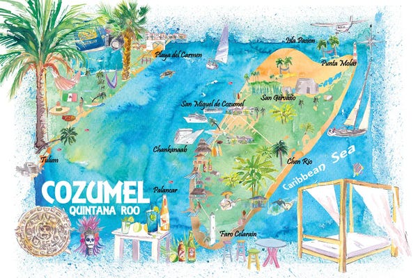 Markus & Martina Bleichner: Cozumel Quintana Roo Mexico Illustrated Travel Map With Roads And Highlights by Markus & Martina Bleichner
