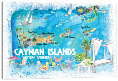 Cayman Islands Illustrated Travel Map With Roads And Highlights Canvas Art Print - Markus & Martina Bleichner