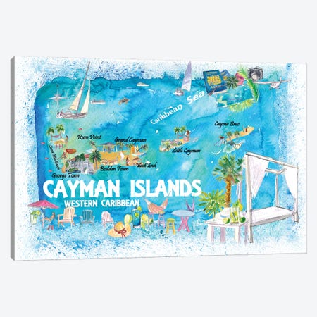 Cayman Islands Illustrated Travel Map With Roads And Highlights Canvas Print #MMB466} by Markus & Martina Bleichner Canvas Art