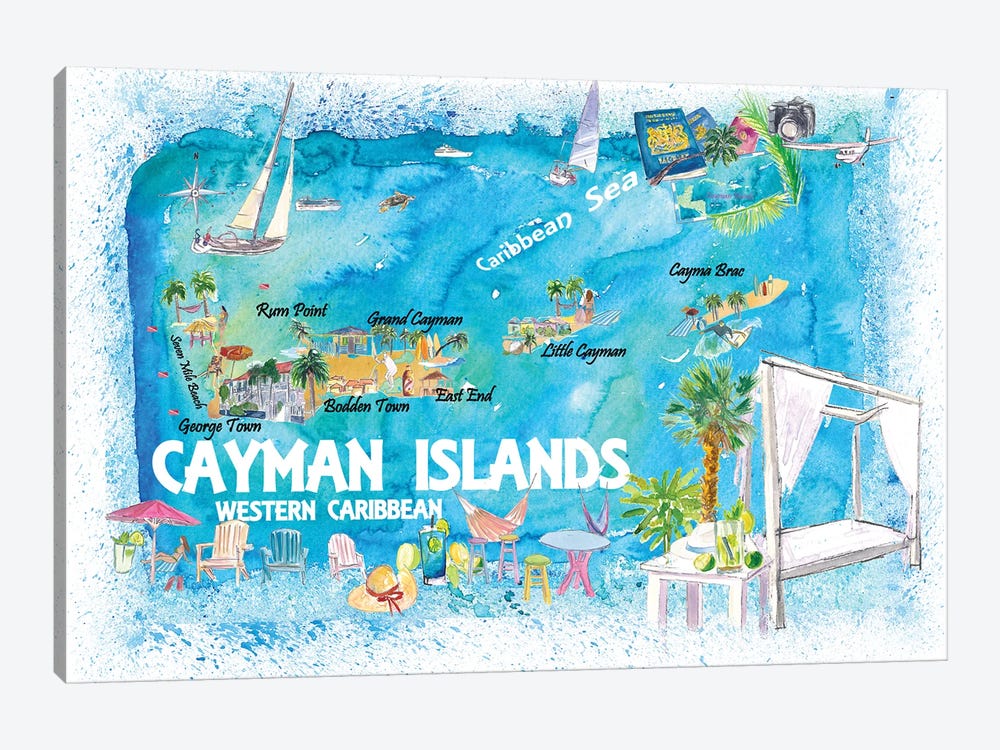 Cayman Islands Illustrated Travel Map With Roads And Highlights by Markus & Martina Bleichner 1-piece Canvas Wall Art