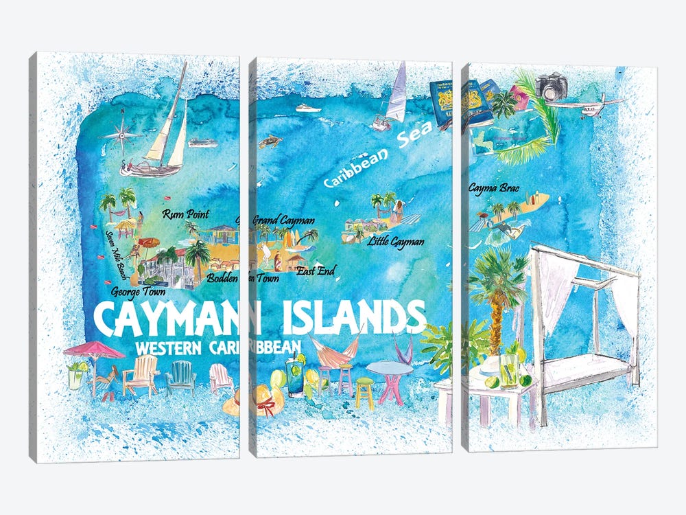 Cayman Islands Illustrated Travel Map With Roads And Highlights by Markus & Martina Bleichner 3-piece Canvas Art