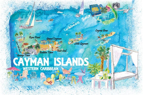 Markus & Martina Bleichner: Cayman Islands Illustrated Travel Map With Roads And Highlights by Markus & Martina Bleichner