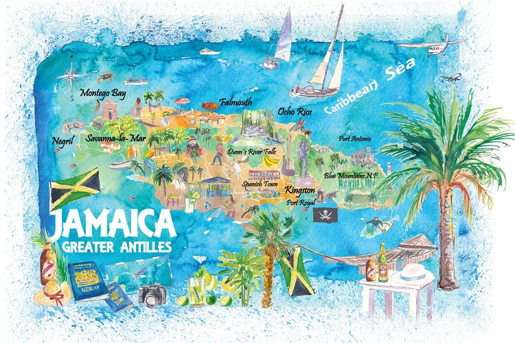 Jamaica Illustrated Travel Map With Roads And Highlights