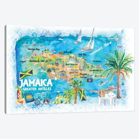 Jamaica Illustrated Travel Map With Roads And Highlights Canvas Print #MMB467} by Markus & Martina Bleichner Canvas Wall Art