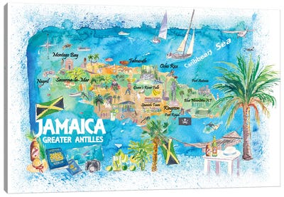 Jamaica Illustrated Travel Map With Roads And Highlights Canvas Art Print - Markus & Martina Bleichner