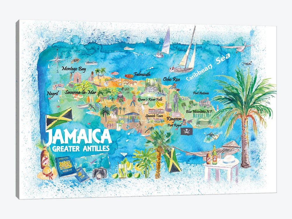 Jamaica Illustrated Travel Map With Roads And Highlights by Markus & Martina Bleichner 1-piece Art Print