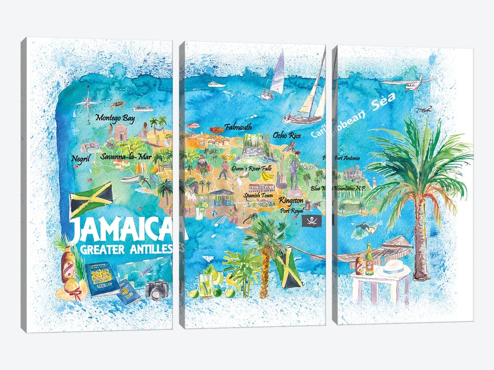 Jamaica Illustrated Travel Map With Roads And Highlights by Markus & Martina Bleichner 3-piece Canvas Print