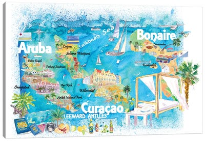 Aruba Bonaire Curacao Illustrated Travel Map With Roads Canvas Art Print - Country Maps