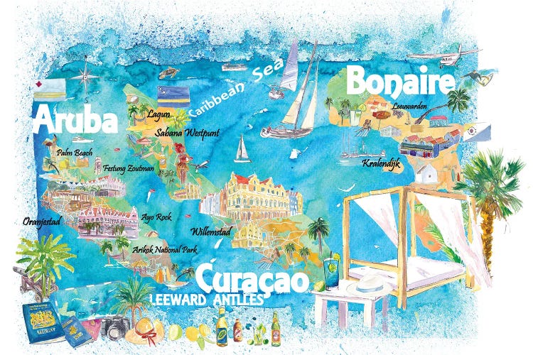 Aruba Bonaire Curacao Illustrated Travel Map With Roads