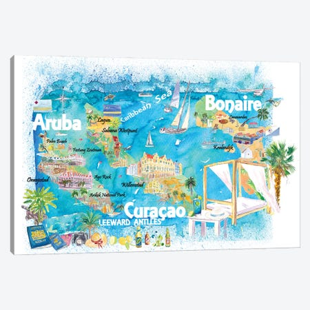 Aruba Bonaire Curacao Illustrated Travel Map With Roads Canvas Print #MMB468} by Markus & Martina Bleichner Canvas Art Print