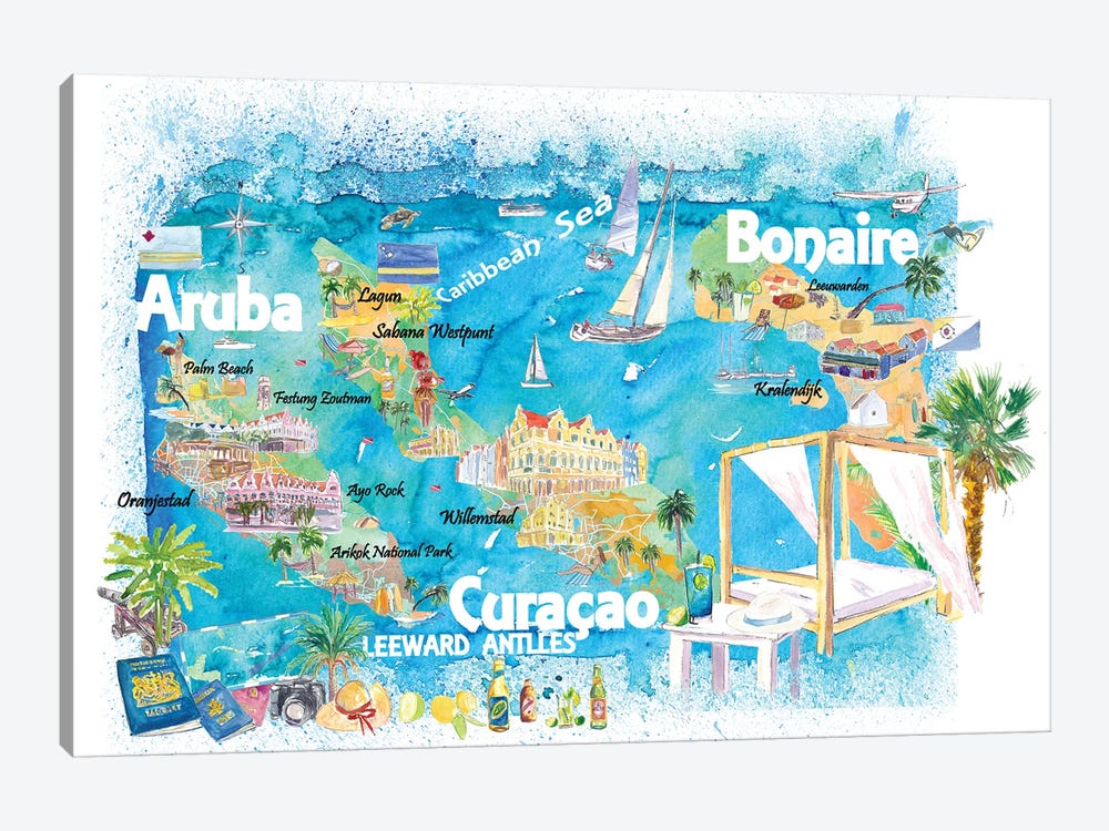 Aruba Bonaire Curacao Illustrated Travel Map With Roads by Markus & Martina Bleichner 1-piece Canvas Artwork
