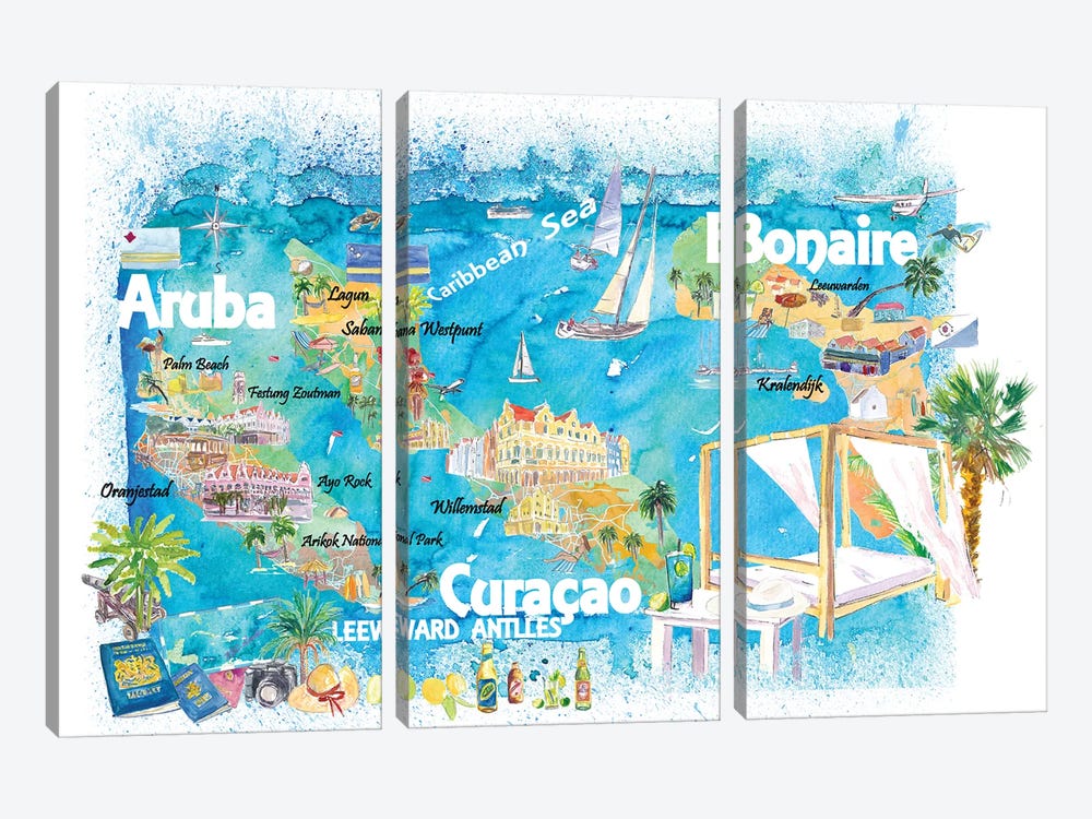 Aruba Bonaire Curacao Illustrated Travel Map With Roads by Markus & Martina Bleichner 3-piece Canvas Artwork