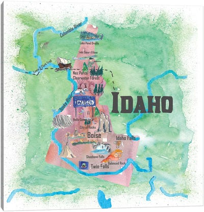 USA, Idaho Illustrated Travel Poster Canvas Art Print - Kids Map Art