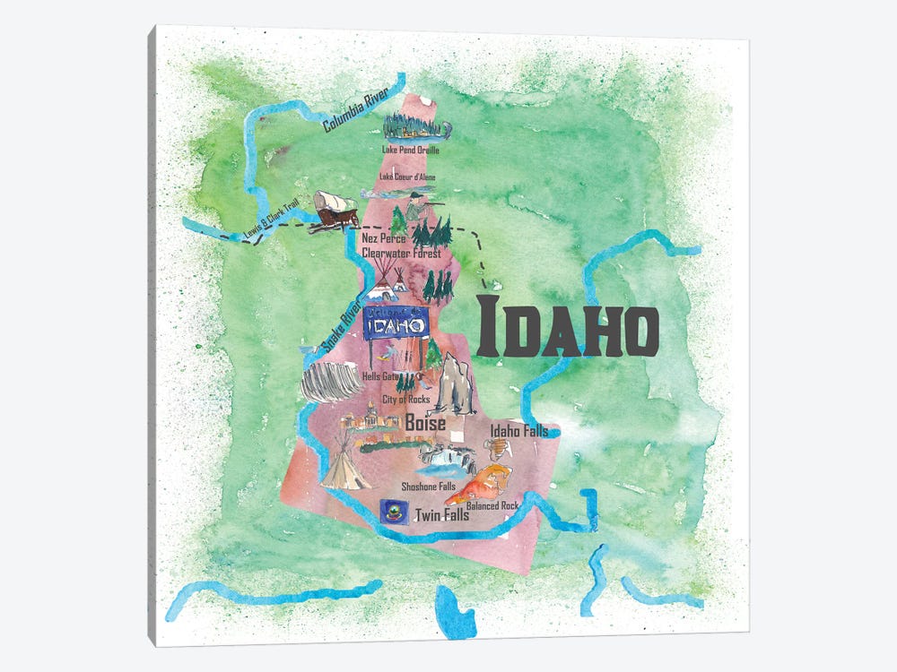 USA, Idaho Illustrated Travel Poster by Markus & Martina Bleichner 1-piece Canvas Art Print