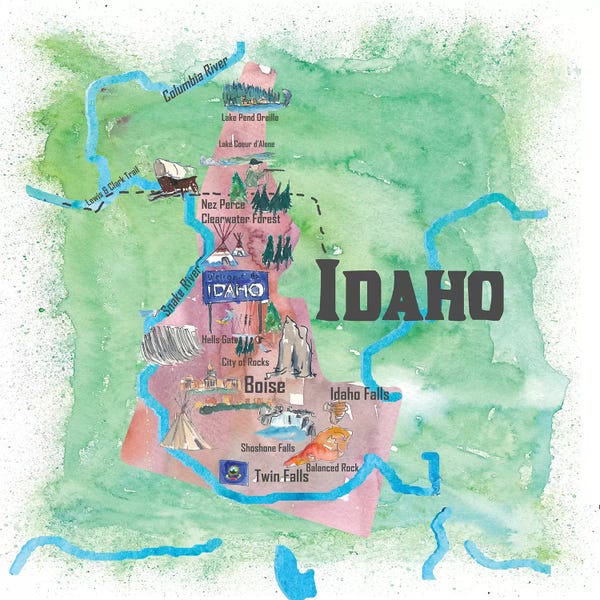Kids Map Art: USA, Idaho Illustrated Travel Poster by Markus & Martina Bleichner