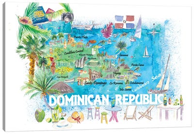 Dominican Republic Illustrated Travel Map With Roads And Highlights Canvas Art Print - Caribbean Art