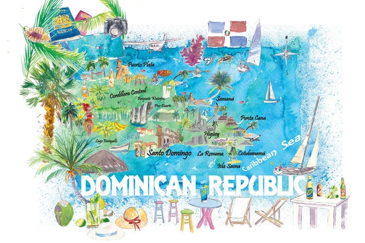 Dominican Republic Illustrated Travel Map With Roads And Highlights