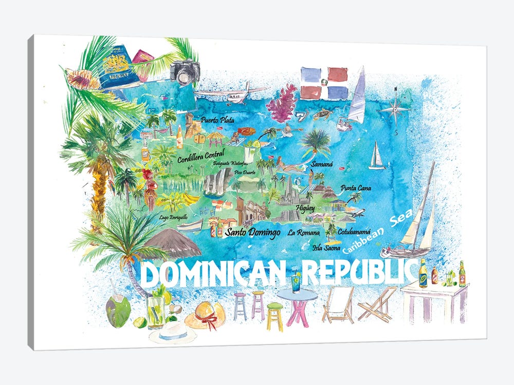 Dominican Republic Illustrated Travel Map With Roads And Highlights by Markus & Martina Bleichner 1-piece Canvas Artwork