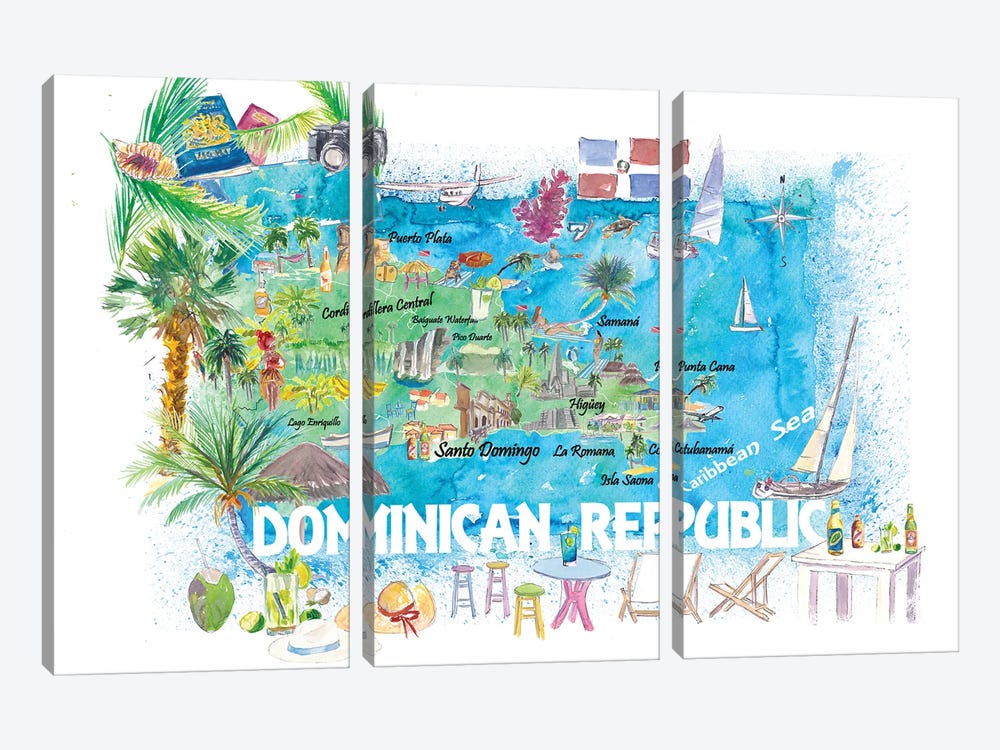 Dominican Republic Illustrated Travel Map With Roads And Highlights by Markus & Martina Bleichner 3-piece Canvas Art